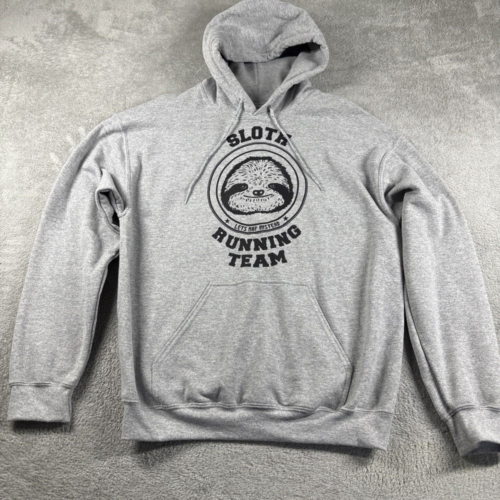 Sloth Running Team Hoodie Men's Gray Sweatshirt Heavy Cotton Blend Sz Medium